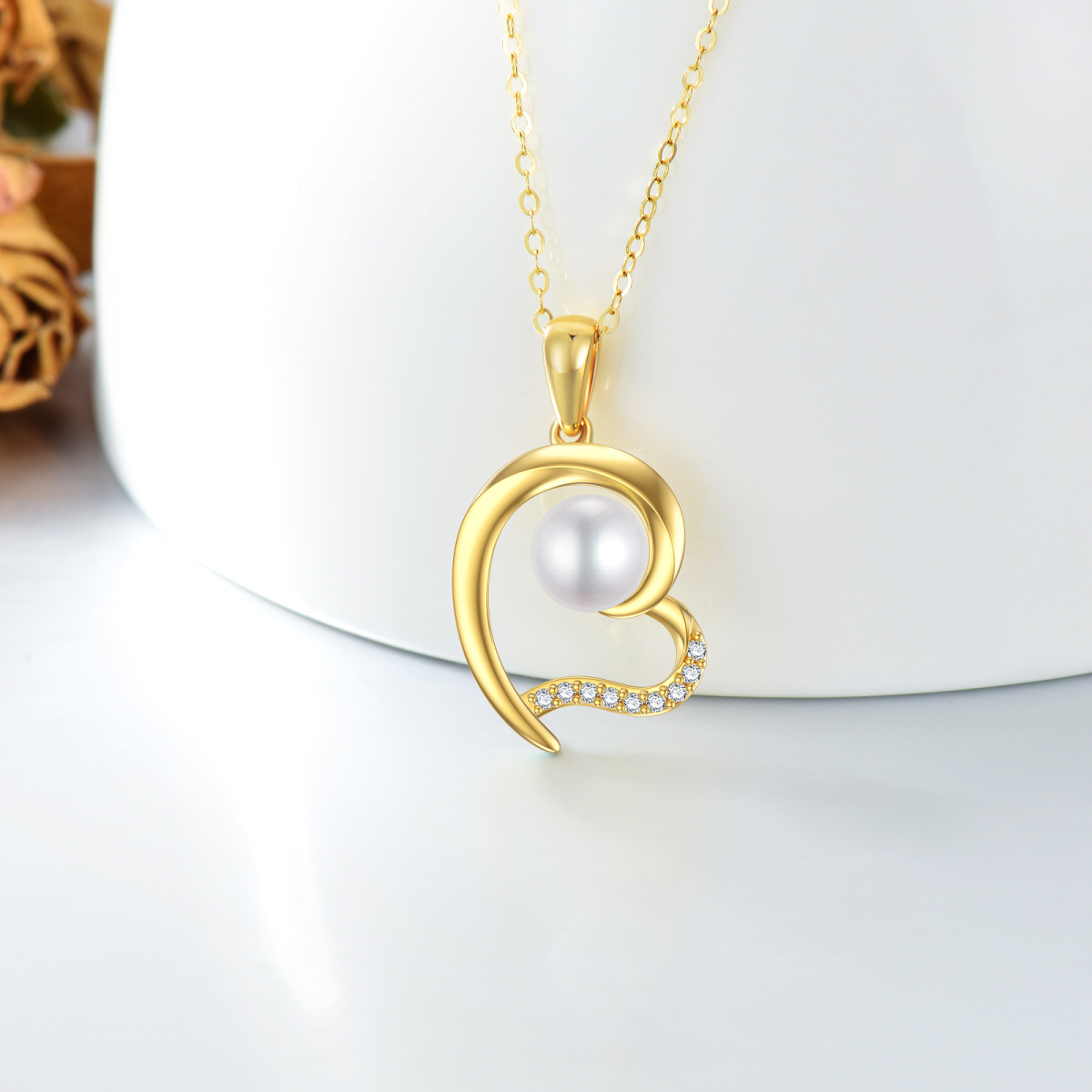 10K Gold Moissanite & Pearl Heart Pendant Necklace-3