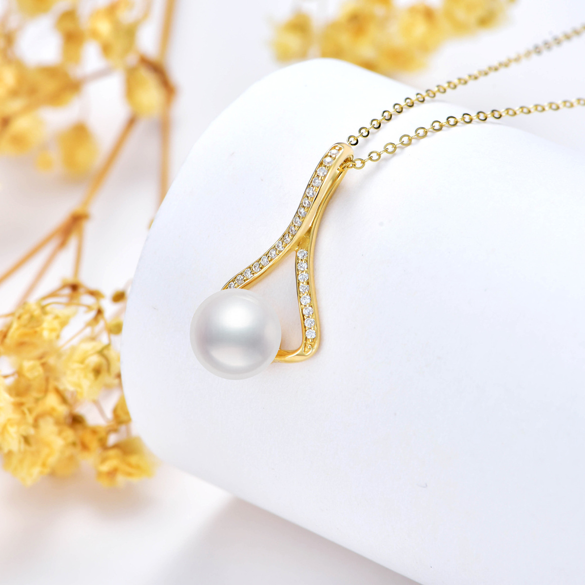 Colar pendente com símbolo infinito de moissanite e pérola em ouro de 14 quilates-4