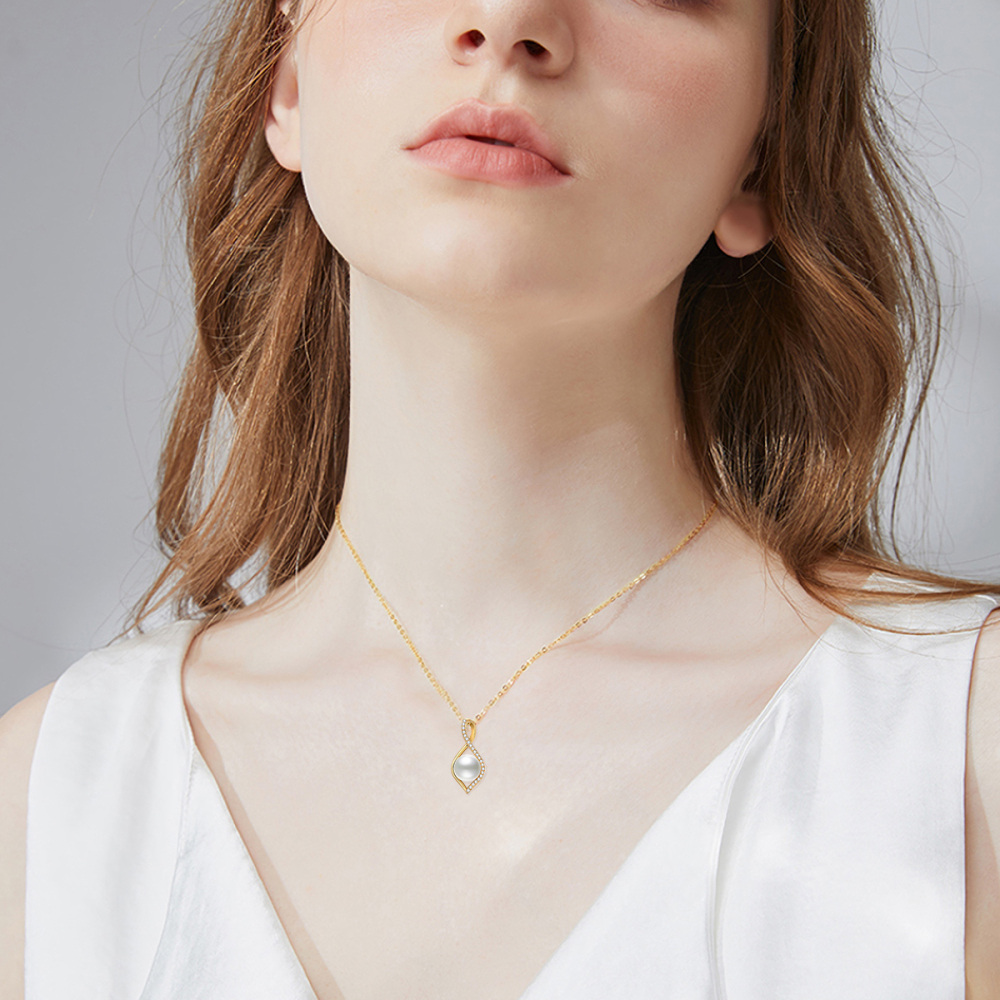 10K Gold Moissanite & Pearl Infinite Symbol Pendant Necklace-2