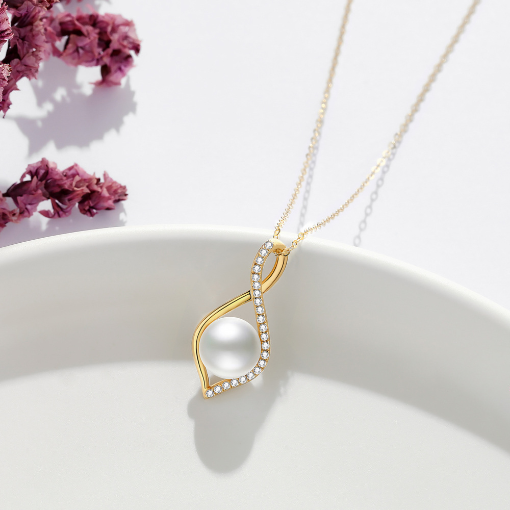 10K Gold Moissanite & Pearl Infinite Symbol Pendant Necklace-3