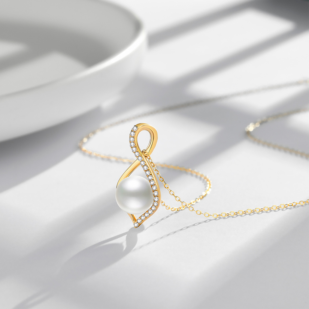 10K Gold Moissanite & Pearl Infinite Symbol Pendant Necklace-4