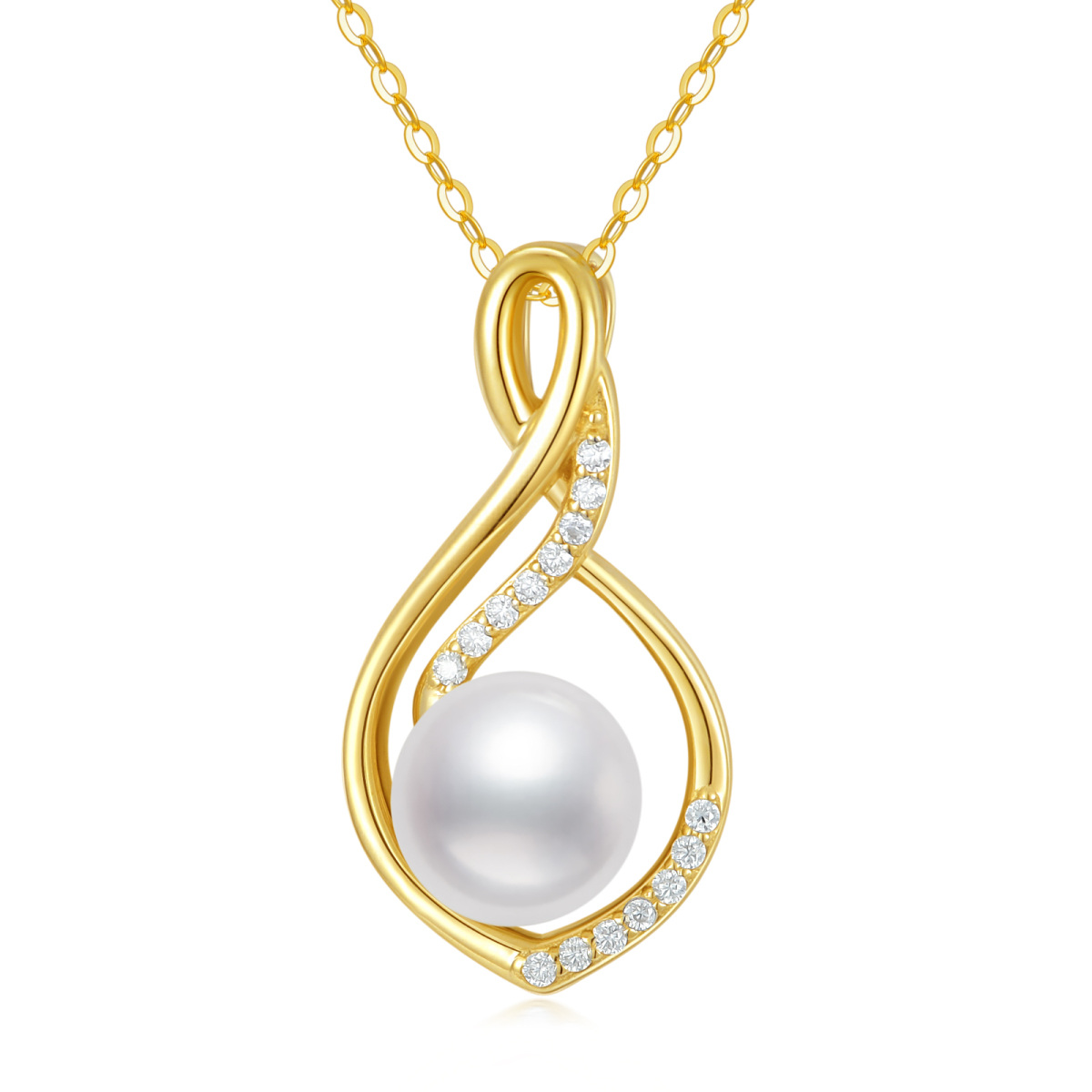 Collana con ciondolo a simbolo infinito in oro 14K con moissanite e perle-1