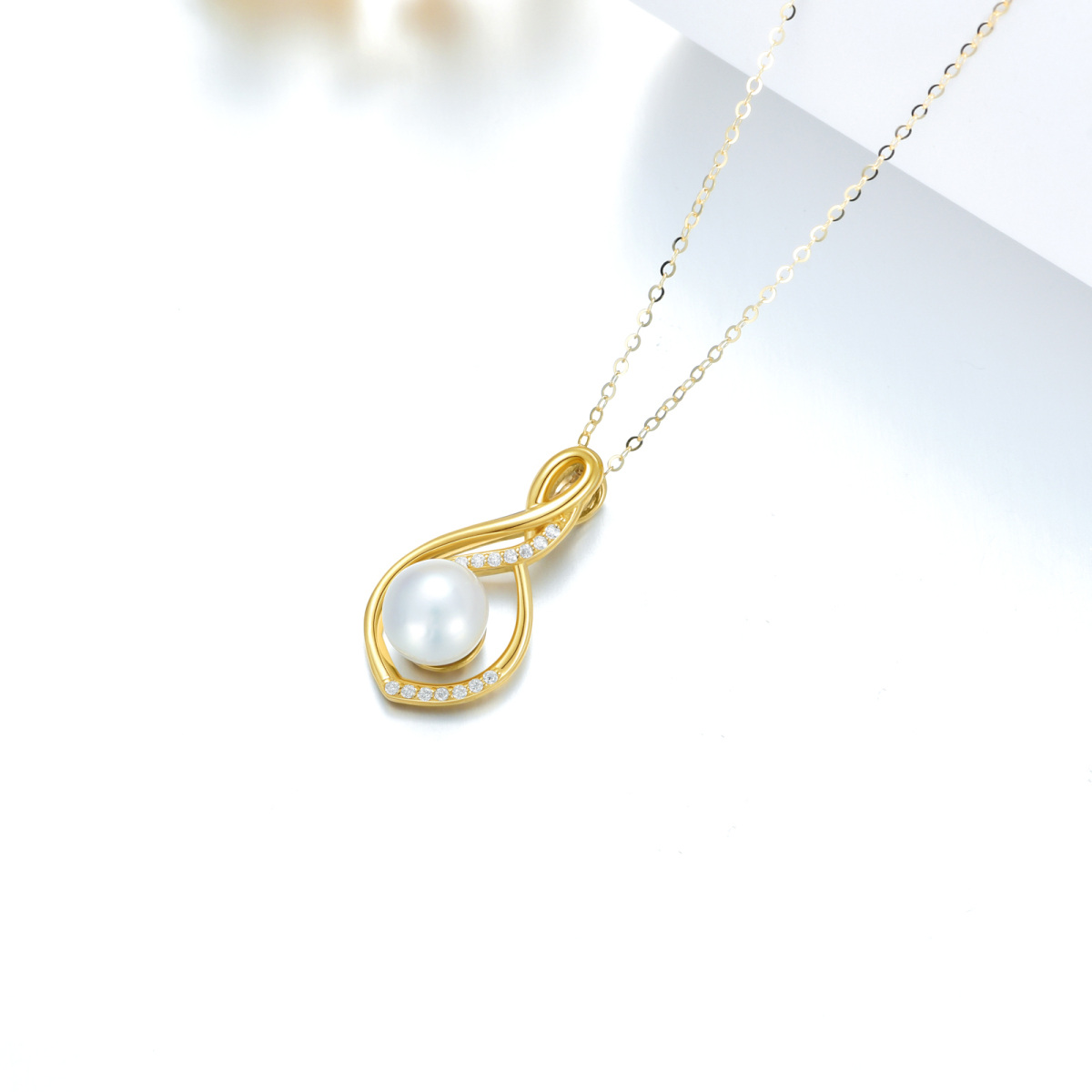 Colar pendente com símbolo infinito de moissanite e pérola em ouro de 14 quilates-4