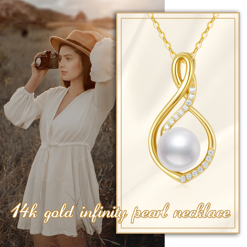 10K Gold Moissanite & Pearl Infinite Symbol Pendant Necklace-5