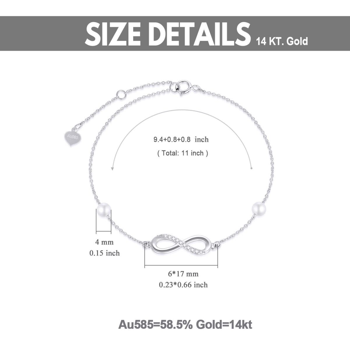Tobillera de una sola capa con símbolo infinito de perlas de moissanita de oro de 14 quilates-5