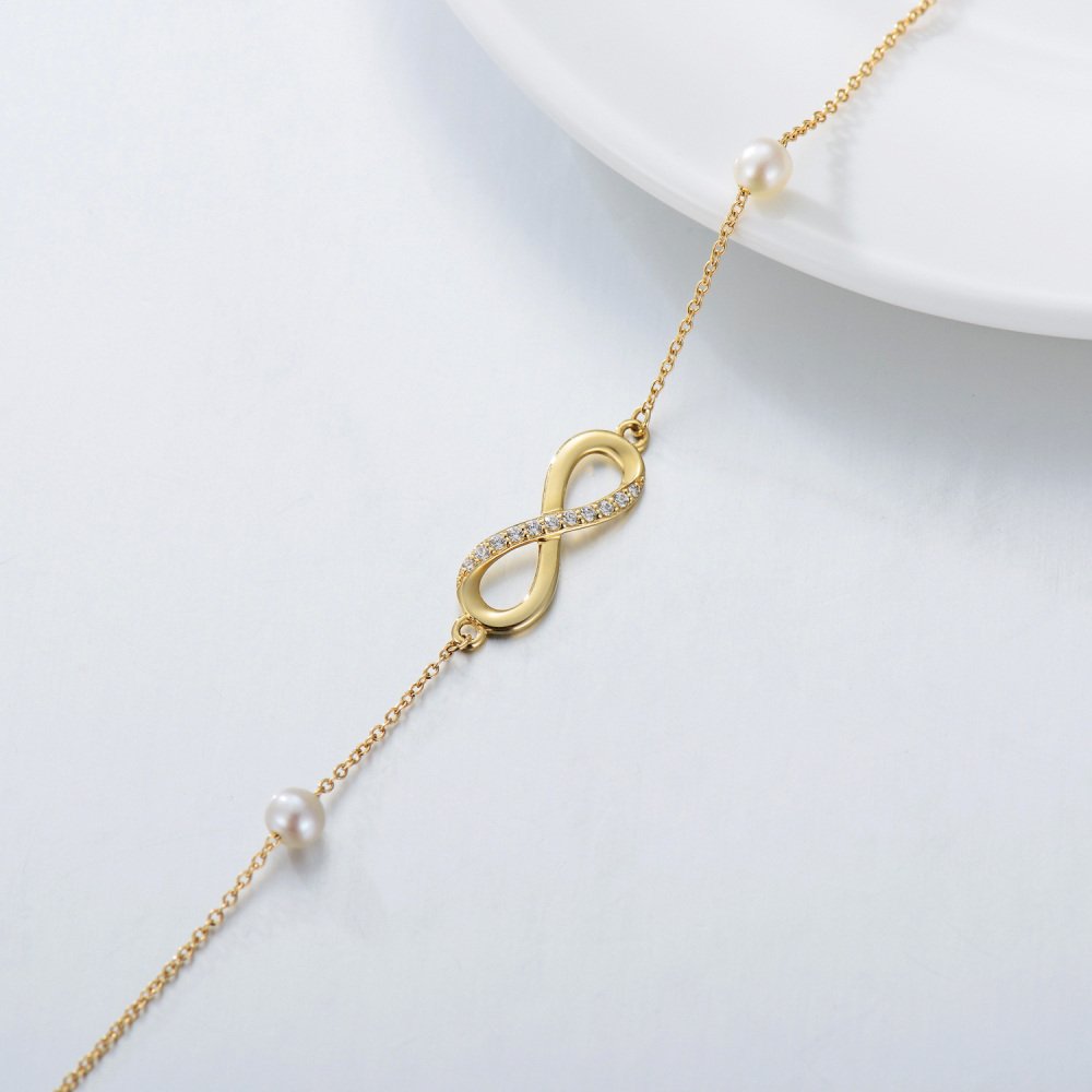 18K Gold Moissanite & Pearl Infinite Symbol Single Layer Anklet-3