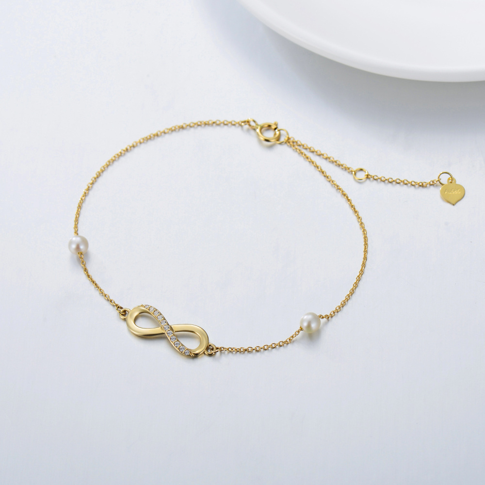 18K Gold Moissanite & Pearl Infinite Symbol Single Layer Anklet-4