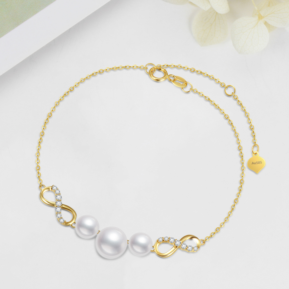 10K Gold Moissanite & Pearl Infinity Symbol Charm Bracelet-3