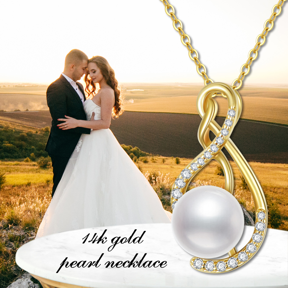 10K Gold Moissanite & Pearl Infinity Symbol Pendant Necklace-3