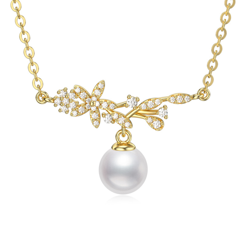 10K Gold Moissanite & Pearl Leaves Pendant Necklace-7