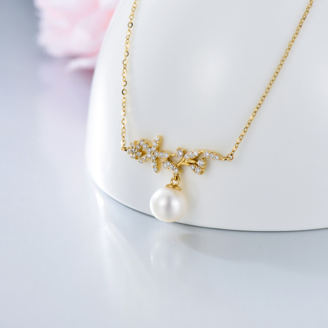 Collana con ciondolo con foglie di perle e moissanite in oro 14K-3