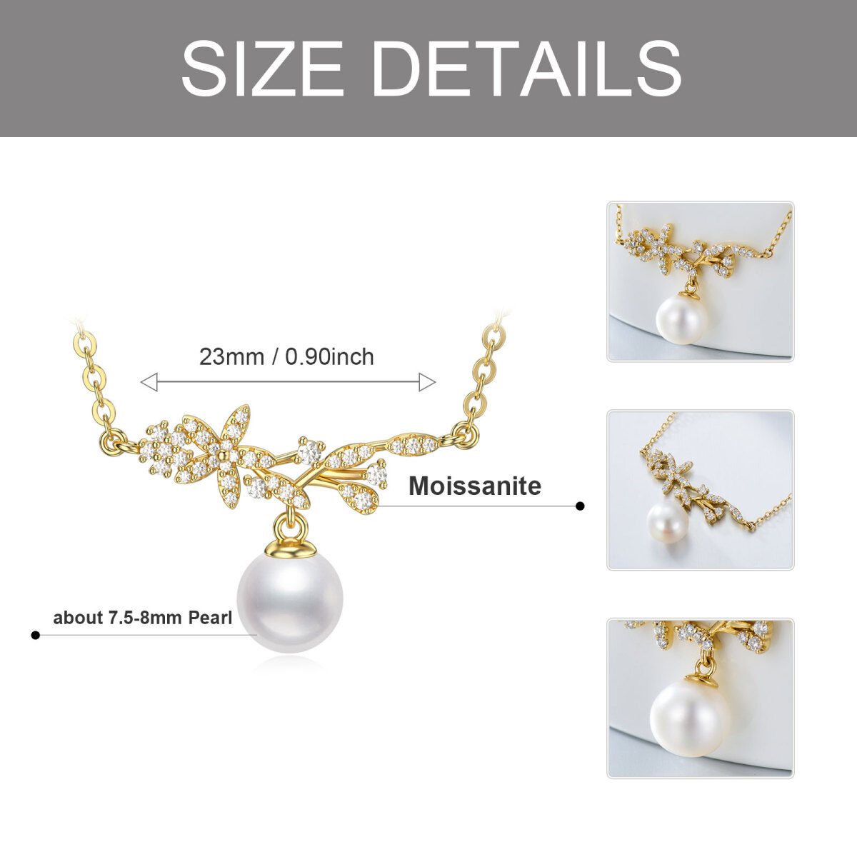 Collier pendentif feuilles en or 14K Moissanite et perle-5