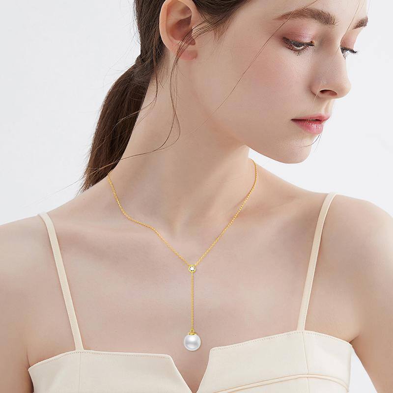 14K Gold Moissanit & Perle Nicht-verstellbare Y-Halskette-2