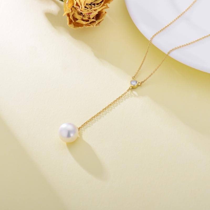 10K Gold Moissanite & Pearl Non-adjustable Y-Necklace-4