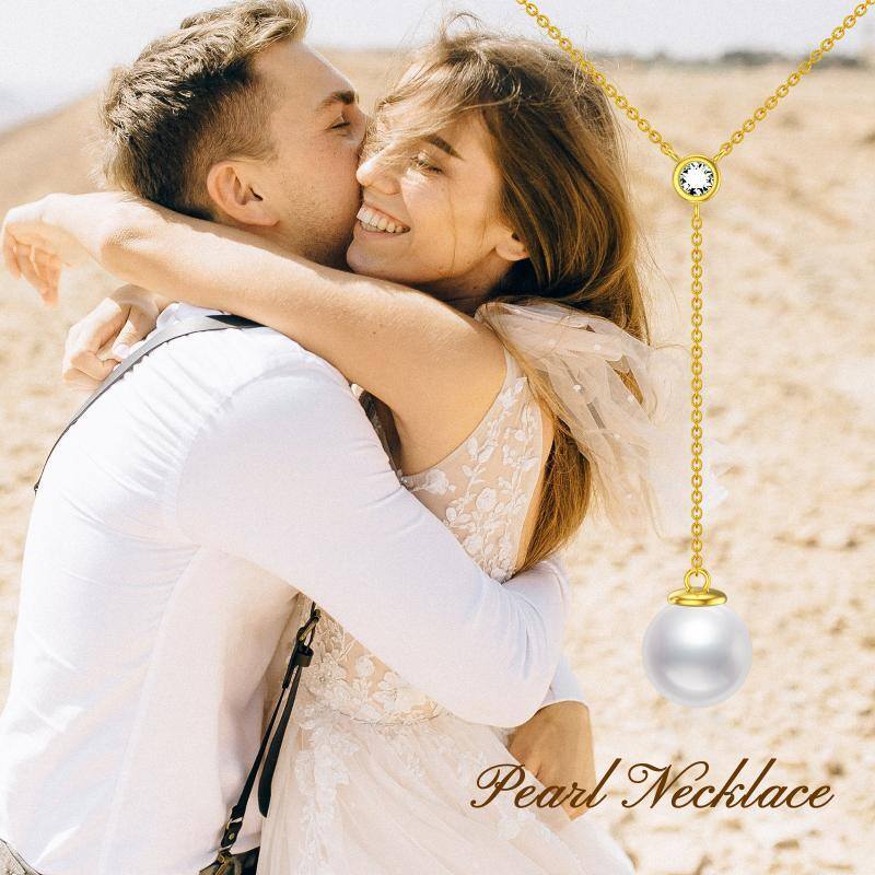 Colar em Y fixo com moissanita e pérola em ouro branco 10K-5