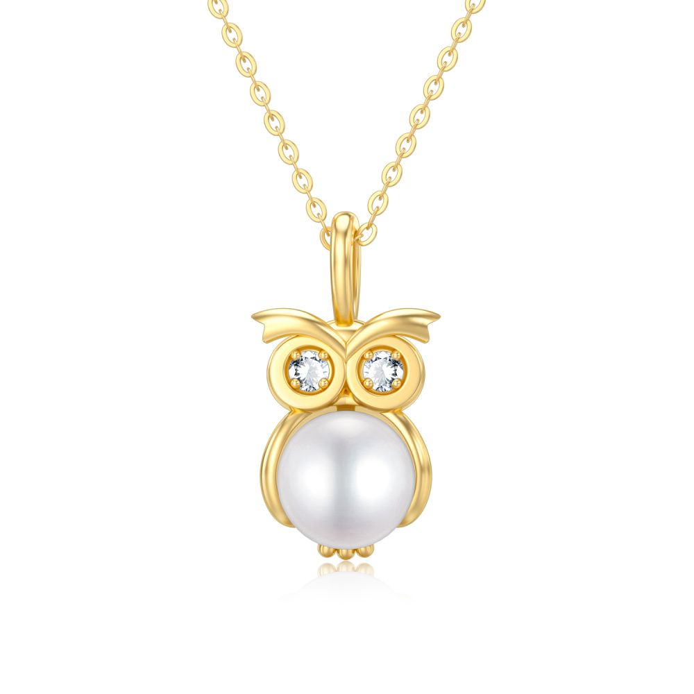 10K Gold Moissanite & Pearl Owl Pendant Necklace-1