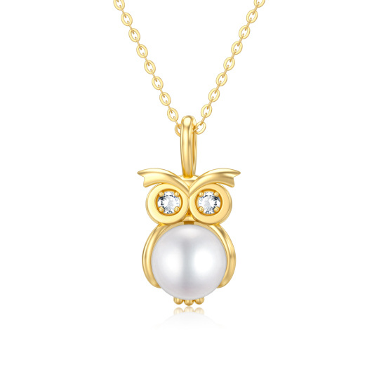 14K Gold Moissanite & Pearl Owl Pendant Necklace