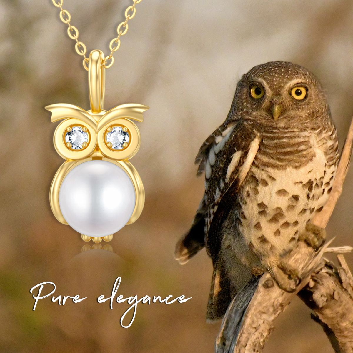 Collier pendentif hibou en or 14K Moissanite et perle-2