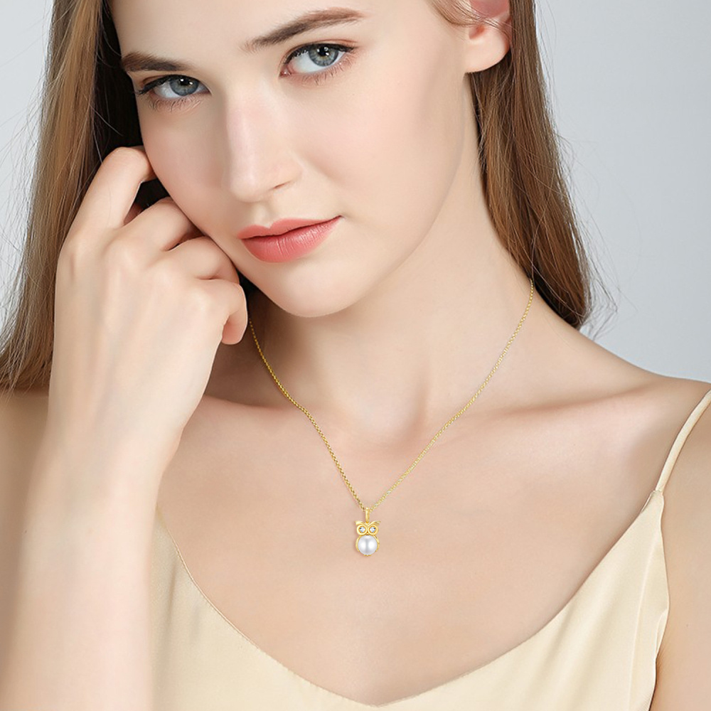 10K Gold Moissanite & Pearl Owl Pendant Necklace-3