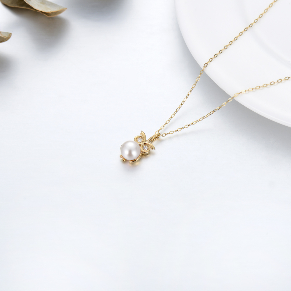 10K Gold Moissanite & Pearl Owl Pendant Necklace-5