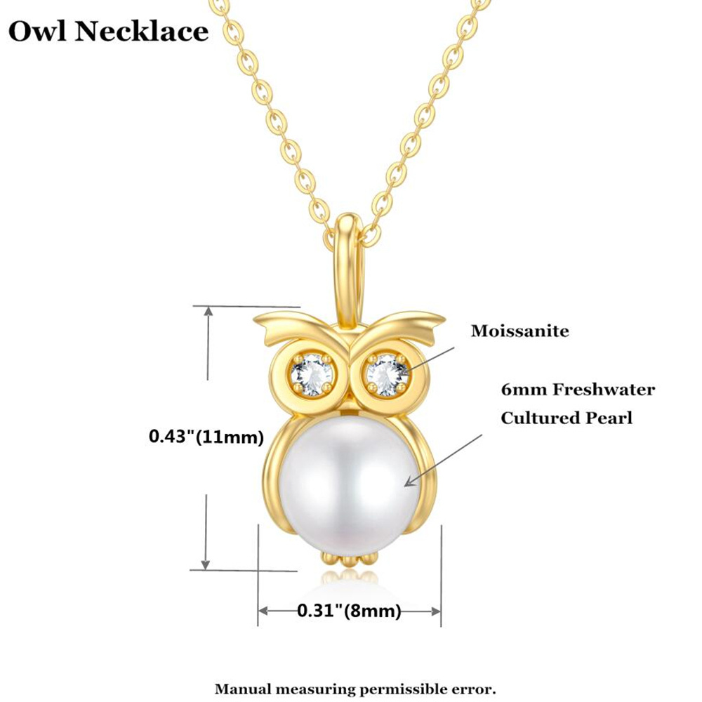 Collier pendentif hibou en or 14K Moissanite et perle-6