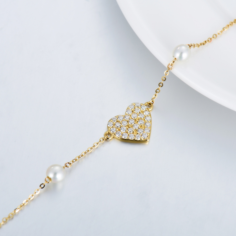 14K Gold Moissanite & Pearl Charm Bracelet-5