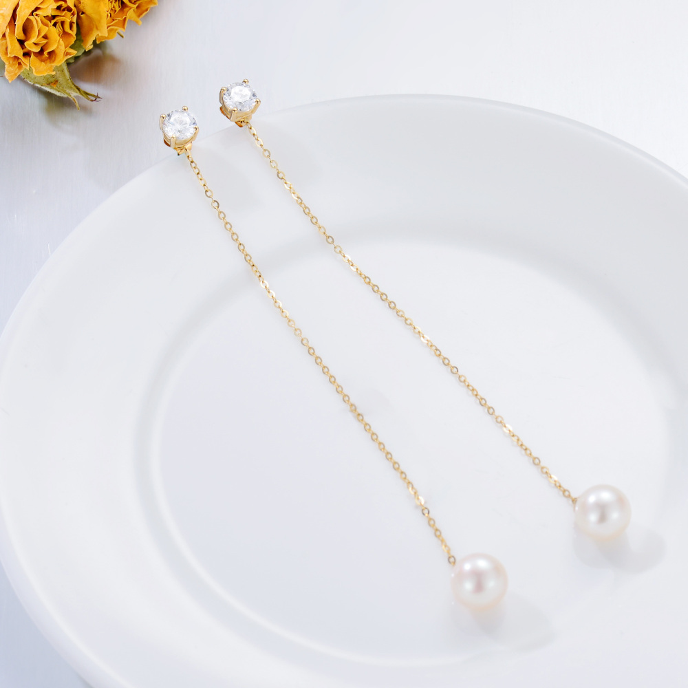 10K Gold Moissanite & Pearl Round Drop Earrings-4