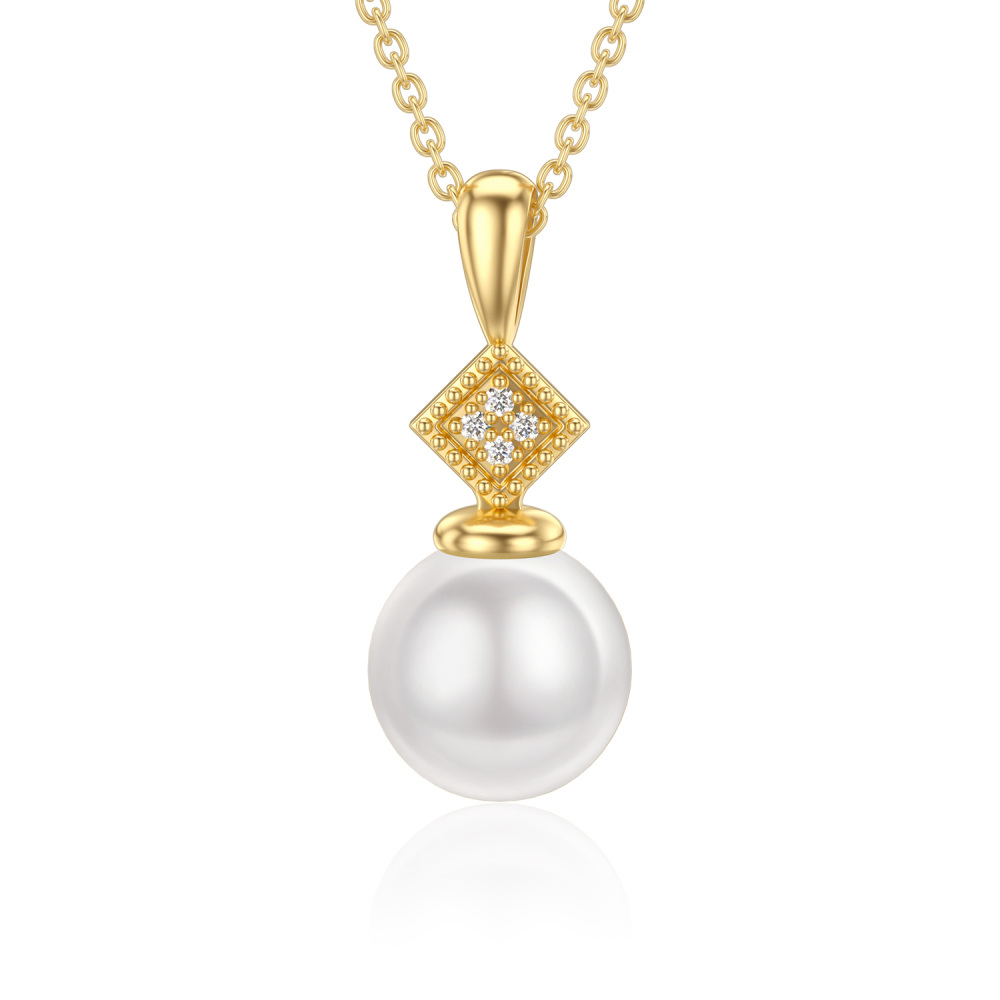 10K Gold Moissanite & Pearl Round Pendant Necklace-1