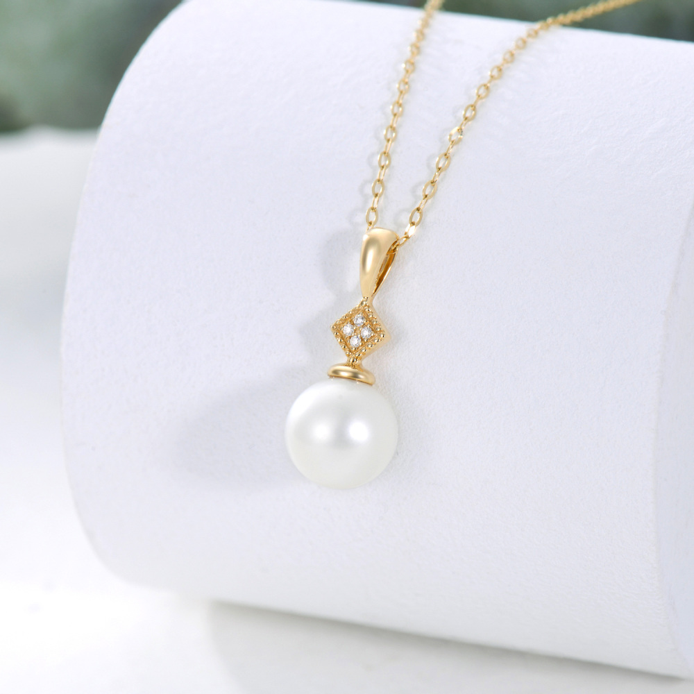 10K Gold Moissanite & Pearl Round Pendant Necklace-3