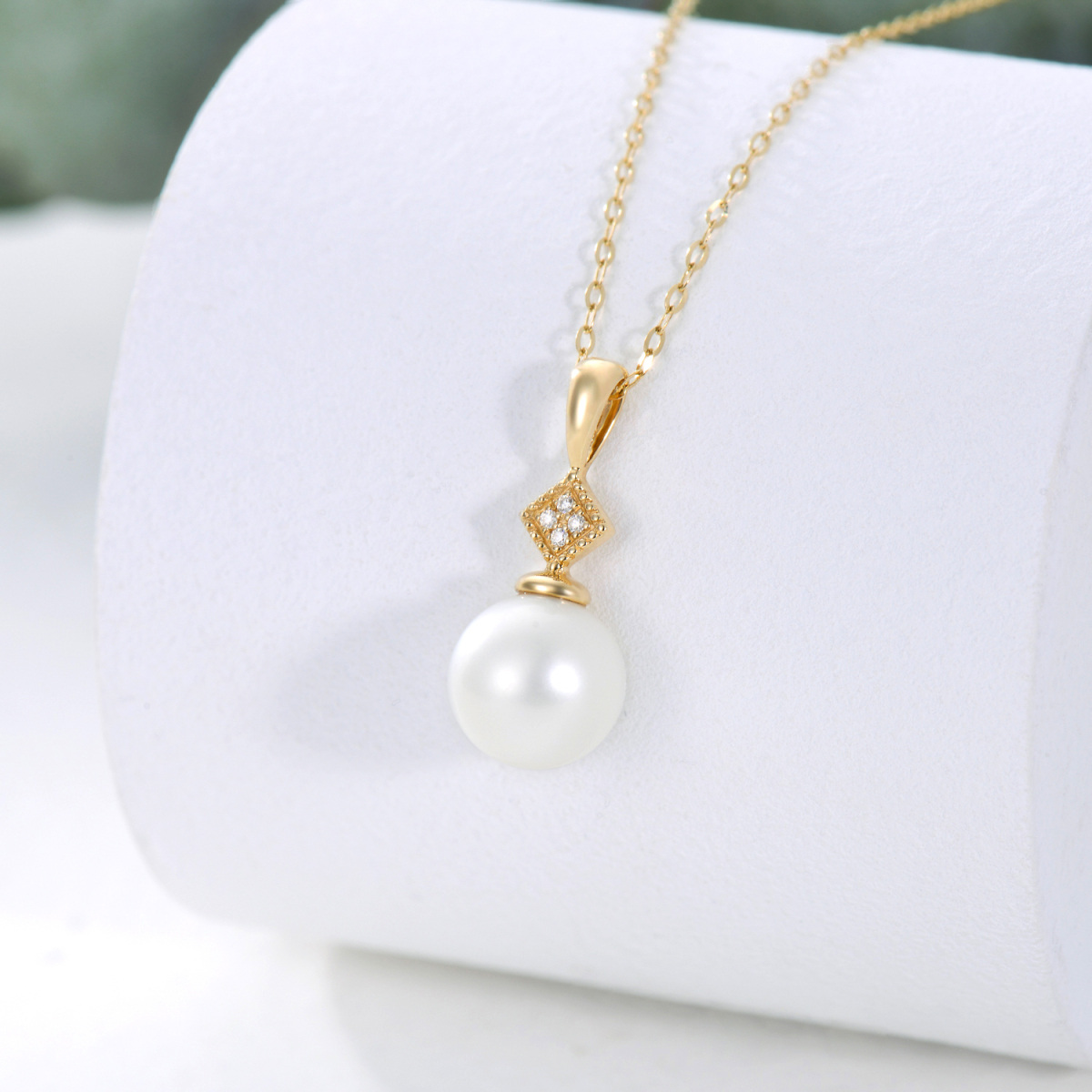 14K Gold Moissanite & Pearl Round Pendant Necklace-3