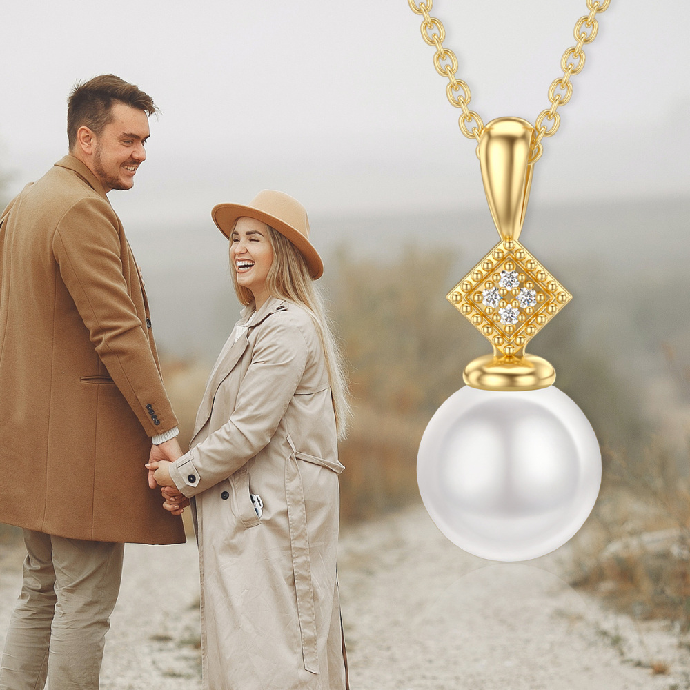 10K Gold Moissanite & Pearl Round Pendant Necklace-6