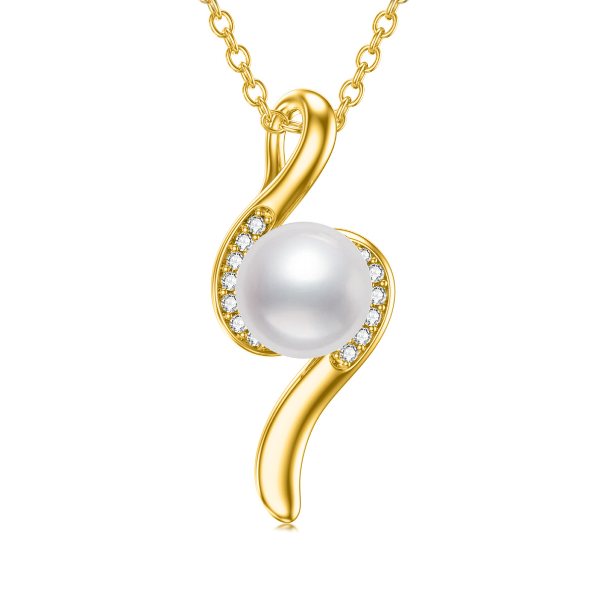 10K Gold Moissanite & Pearl Round Pendant Necklace-1