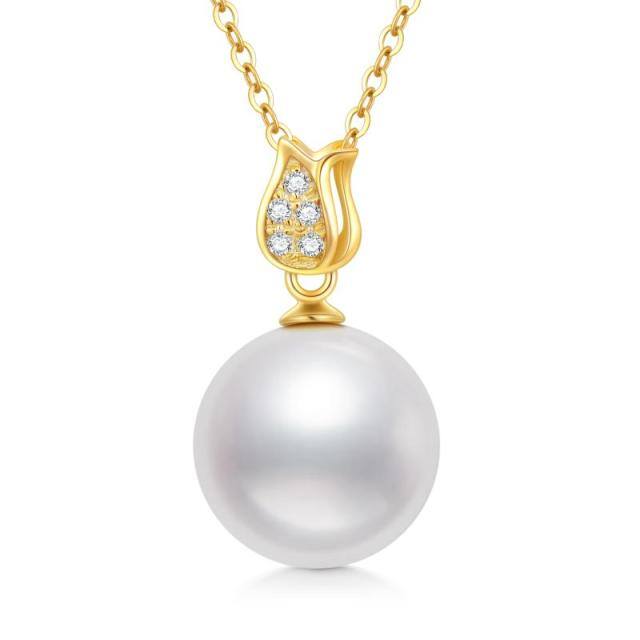 14K Gold Moissanite & Pearl Round Pendant Necklace-4