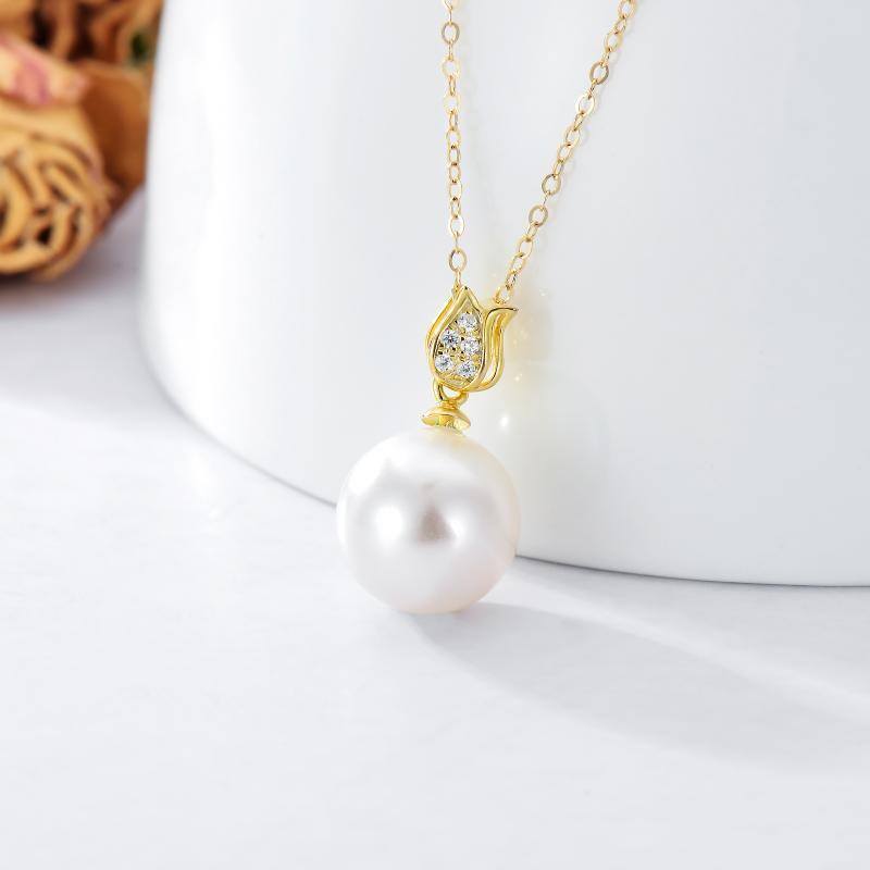 10K Gold Moissanite & Pearl Round Pendant Necklace-3