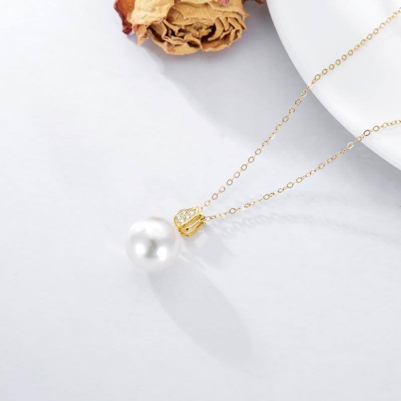 10K Gold Moissanite & Pearl Round Pendant Necklace-4