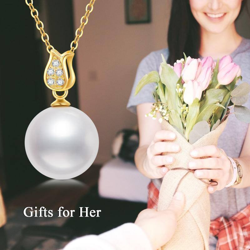 10K Gold Moissanite & Pearl Round Pendant Necklace-6