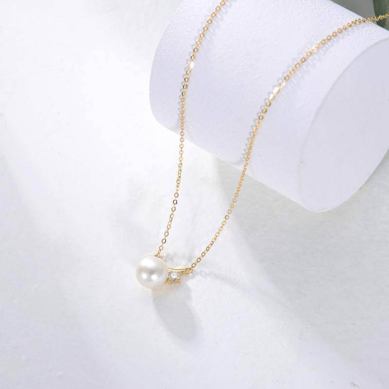 10K Gold Moissanite & Pearl Round Pendant Necklace-3