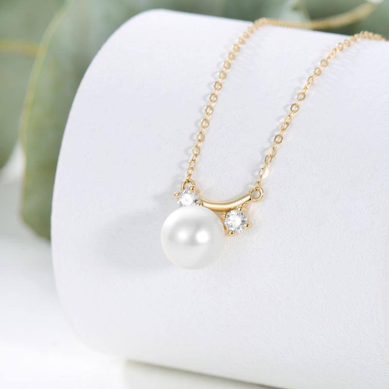 10K Gold Moissanite & Pearl Round Pendant Necklace-4