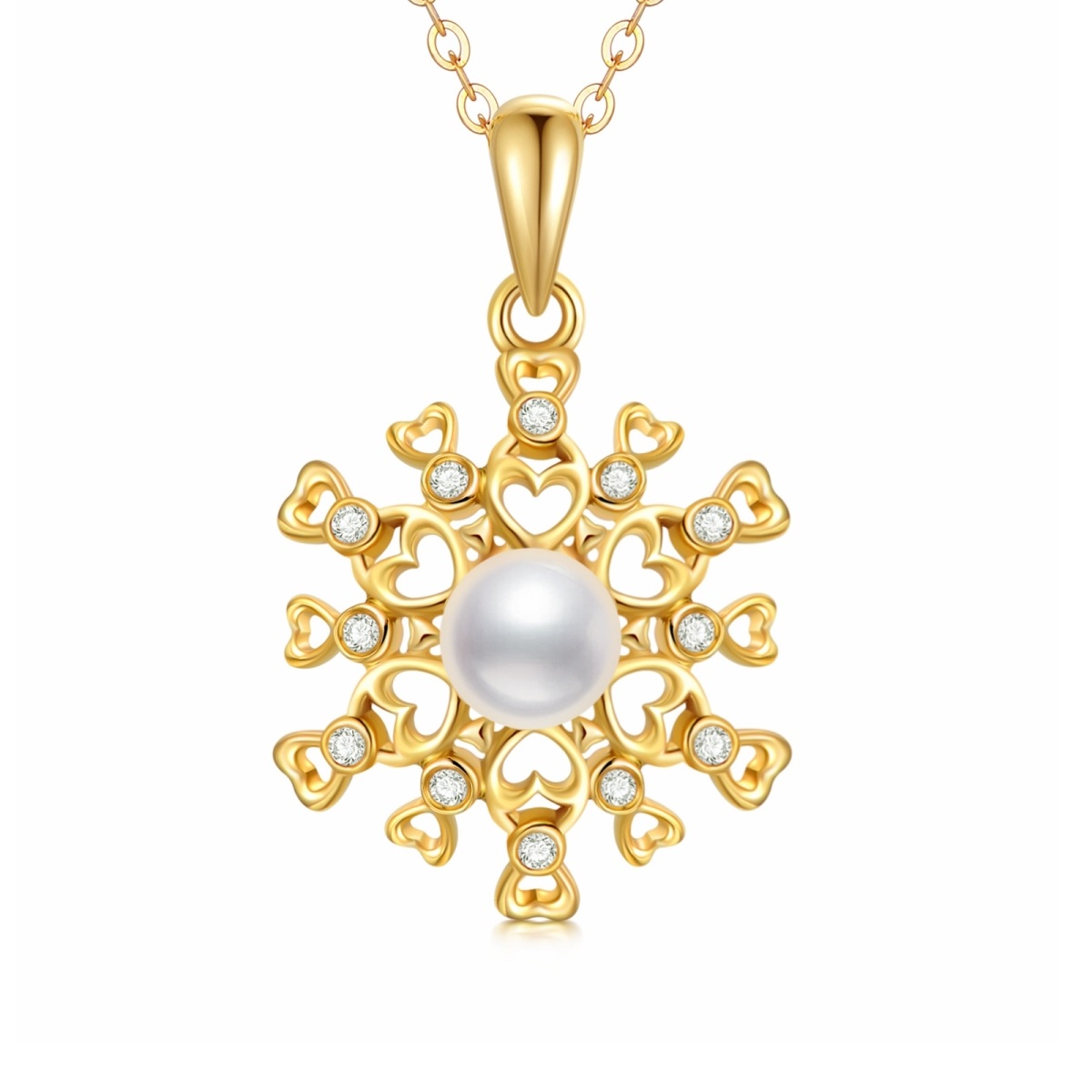 10K Gold Moissanite & Pearl Snowflake Pendant Necklace-1