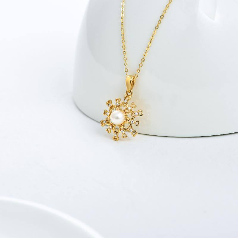 14K Gold Moissanite & Pearl Snowflake Pendant Necklace-3