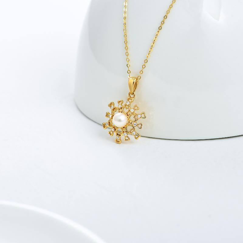18K Gold Moissanite & Pearl Snowflake Pendant Necklace-3