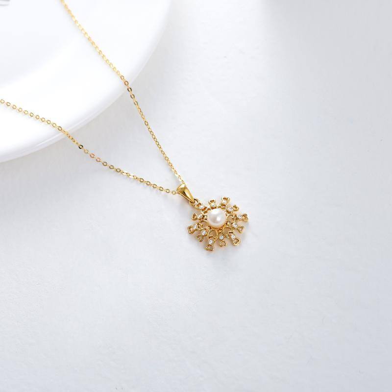 14K Gold Moissanite & Pearl Snowflake Pendant Necklace-4