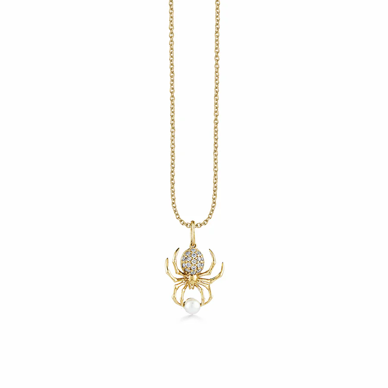 14K Gold Moissanite & Pearl Spider Pendant Necklace-3