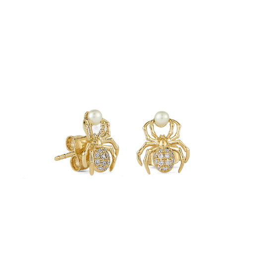14K Gold Moissanite & Pearl Spider Stud Earrings