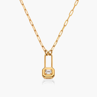 Sterling Silver with Yellow Gold Plated Moissanite Personalized Engraving & Lock Pendant Necklace-1