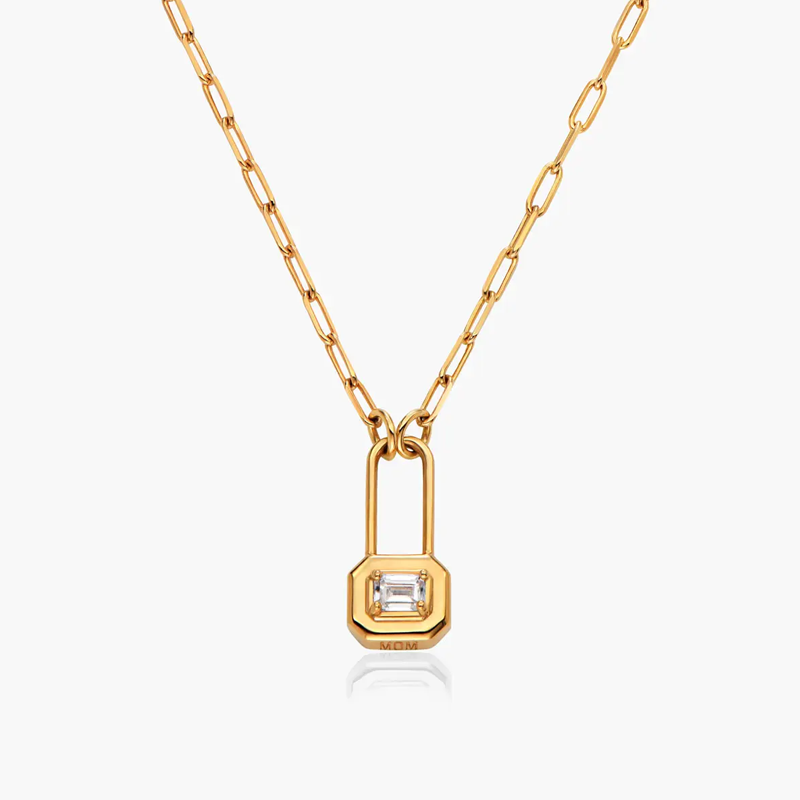 Sterling Silver with Yellow Gold Plated Moissanite Personalized Engraving & Lock Pendant Necklace-16