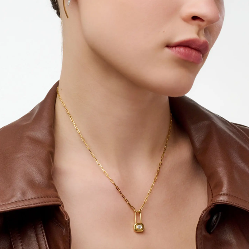 Sterling Silver with Yellow Gold Plated Moissanite Personalized Engraving & Lock Pendant Necklace-2