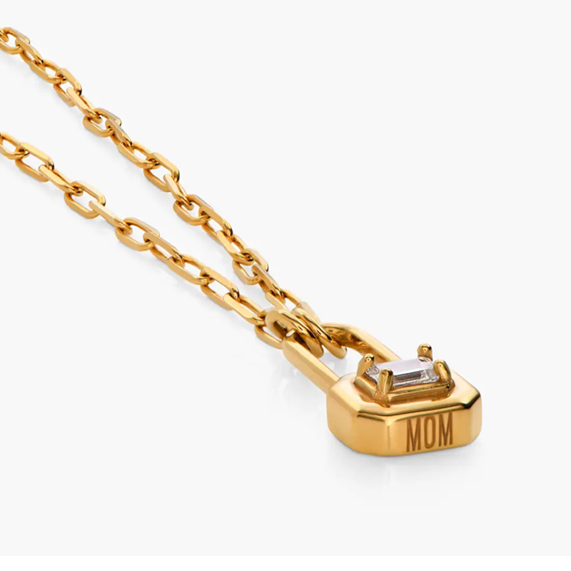 Sterling Silver with Yellow Gold Plated Moissanite Personalized Engraving & Lock Pendant Necklace-4