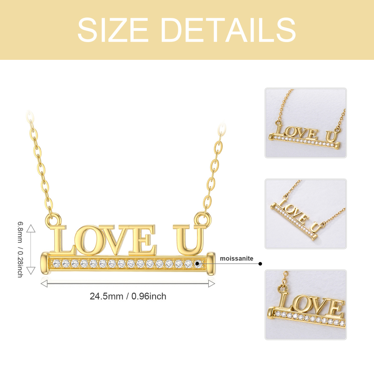 Colar com pingente de moissanite em ouro 14K I LOVE U para mulheres-6