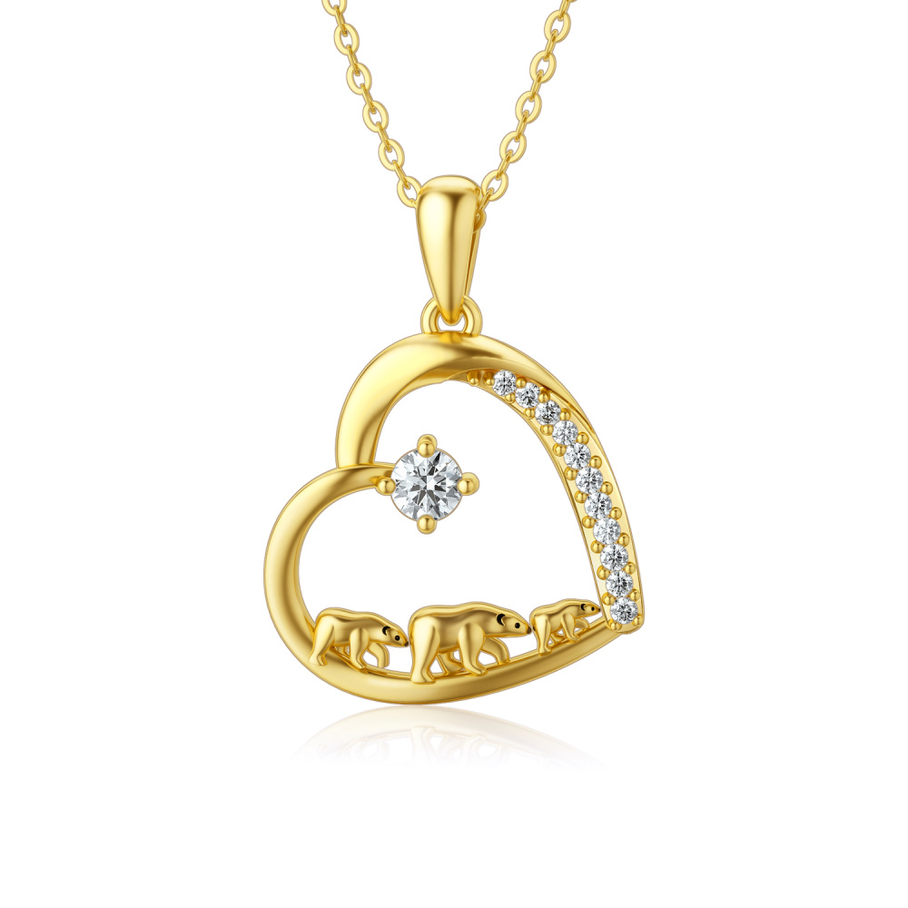 10K Gold Moissanite Polar Bear & Heart Pendant Necklace-1